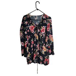 Xhilaration Womens Floral Long Sleeve Dress S Black & Pink Rayon